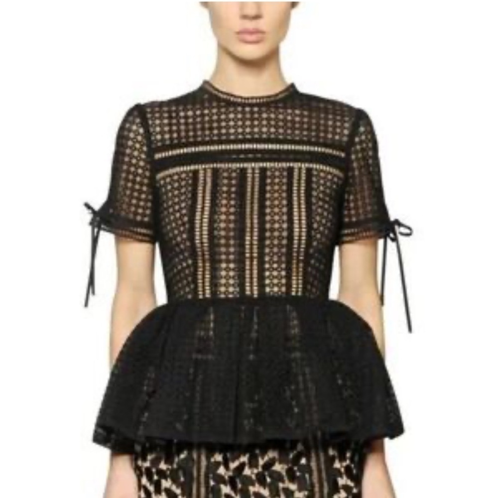 Self-Portrait Black Lace Short Sleeve Peplum Hem Blouse Size 6